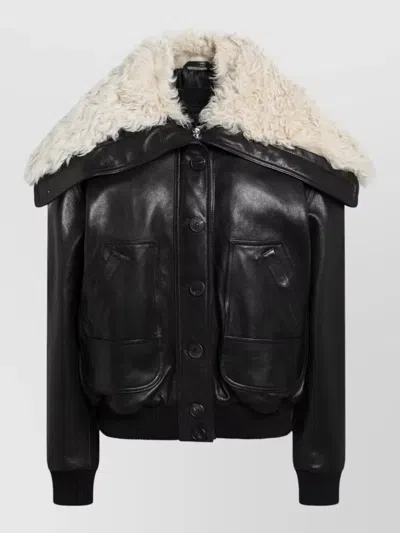 Attico Jacket Shearling Collar Front Pockets Ribbed In Black