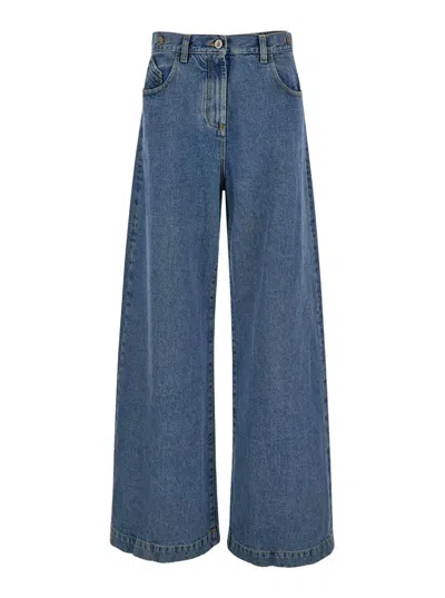 Attico Blue Wide Jeans With Double Waistline In Denim Woman