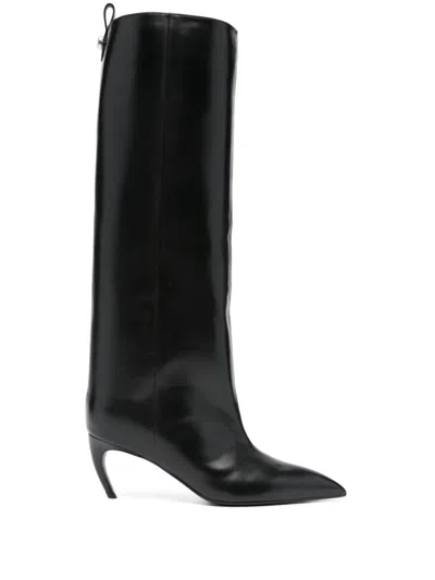 Attico Knee-high Black Leather Boots With Pointed Toe