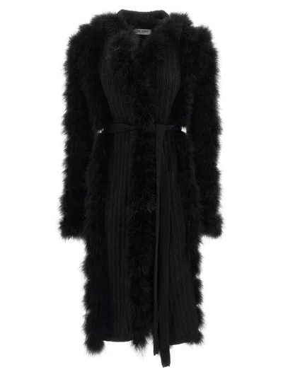 Attico Knitted Coat With Belt And Feather-effect Trim In Black