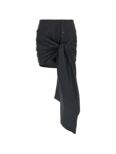 Attico Bow Skirt Asymmetric Hem Button Detail In Black