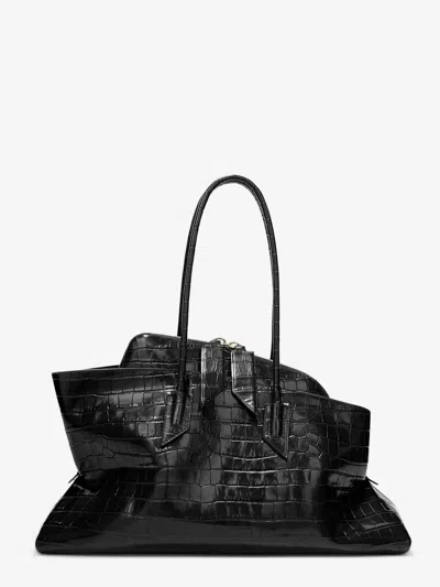 Attico La Passeggiata Medium Leather Shoulder Bag With Croco Effect In Black