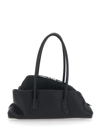Attico La Passeggiata Small Black Shoulder Bag With Tubular Handles And Impressed Logo On The Front In Leat