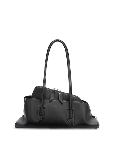 Attico La Passeggiata Small Black Shoulder Bag With Tubular Handles And Impressed Logo On The Front In Leat