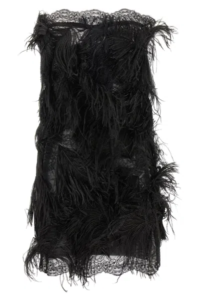Attico Strapless Lace Feather Bodycon Dress In Blue