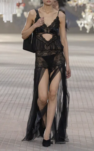 Attico Lace-detailed Cotton-gauze Gown In Black