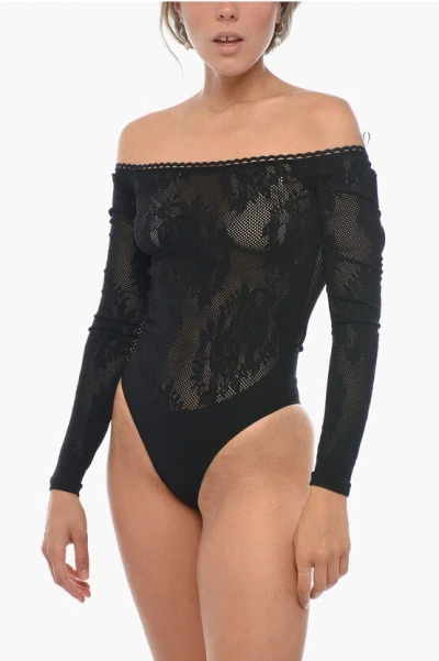 Attico Lace Off-shoulder Bodysuit In Black