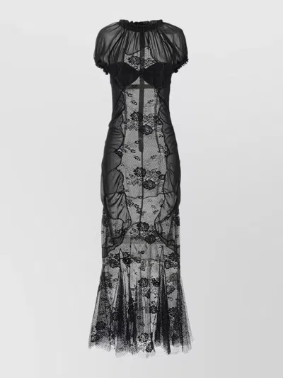 Attico Lace Tulle Dress Short Sleeves Ruffled Neckline In Black