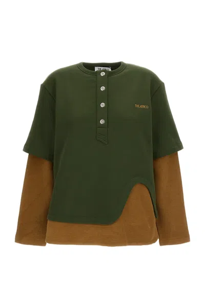 Attico Layered Design Sweatshirt With Mandarin Collar And Scoop Detail In Green