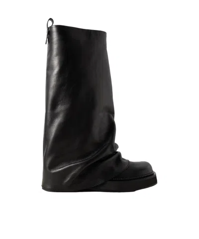 Attico Layered Leather Knee Boots In Black