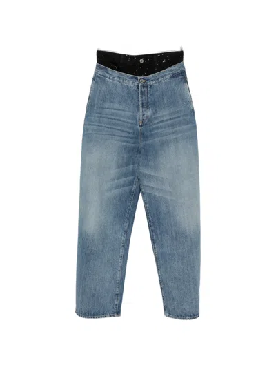 Attico Layered-effect Crystal-embellished Jeans In Blue