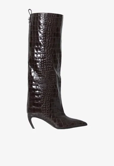 Attico Lea 65 Knee-high Boots In Croc-embossed Leather In Brown