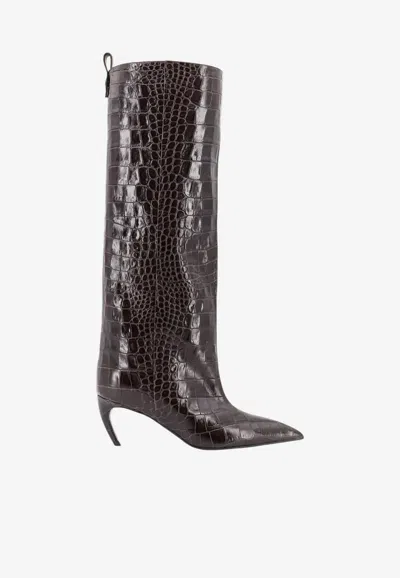 Attico Lea 65 Knee-high Boots In Croc-embossed Leather In Dark Brown