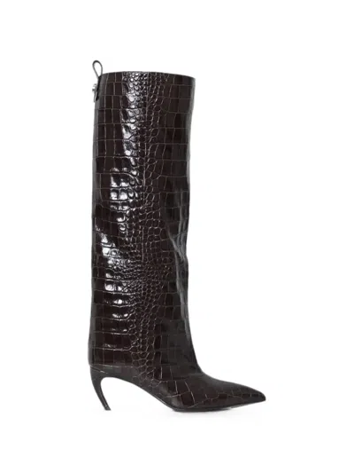 Attico Lea Knee-high Boots With A Pointed Toe And Crocodile-effect In Black