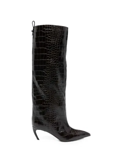 Attico Lea Knee-high Boots With A Pointed Toe And Crocodile-effect In Black