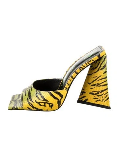 Pre-owned Attico Leather Animal Print Slides In Green/yellow