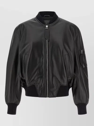 Attico Leather Bomber Jacket Ribbed Cuffs Hem