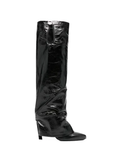 Attico Slouchy Textured Leather Tall Boots With Cut-out Detail In Black