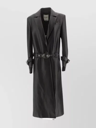Attico Leather Coat With Buckle Strap Cuffs In Black