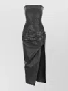 Attico Black Sleeveless Off-shoulder Midi Dress With Front Single Slit And Ruched Waist In Black
