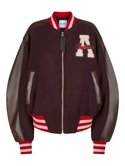 Attico Leather-sleeved Logo-patch Bomber Jacket In Brown