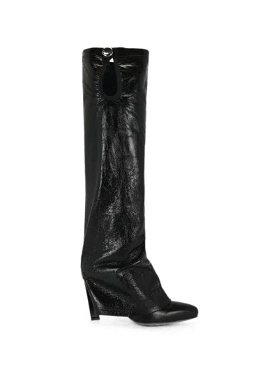 Attico Slouchy Textured Leather Tall Boots With Cut-out Detail In Black