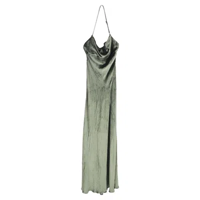 Attico Leticia Halterneck Maxi Dress In Olive Velvet In Green