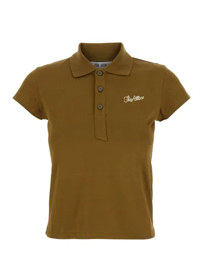 Attico Green Polo Shirt With Classic Collar And Logo Lettering Embroidery On The Front In Brown