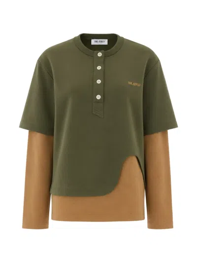 Attico Layered Design Sweatshirt With Mandarin Collar And Scoop Detail In Green