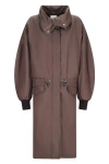 Attico Long Coat With High Collar And Drawstring Waist In Brown