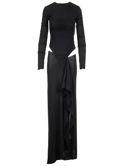 Attico Long Draped Jersey Dress With Pleats In Black