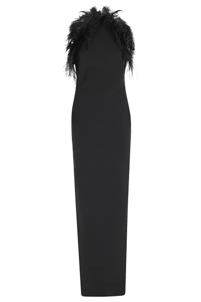 Attico Long Dress Cady Ostrich Feathers Detail In Brown