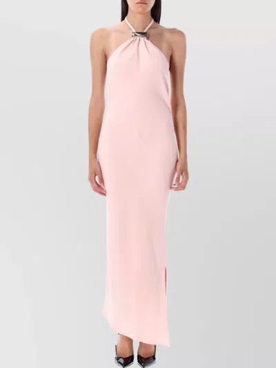 Attico Long Dress With Asymmetric Hem And Metal Detail In Pink