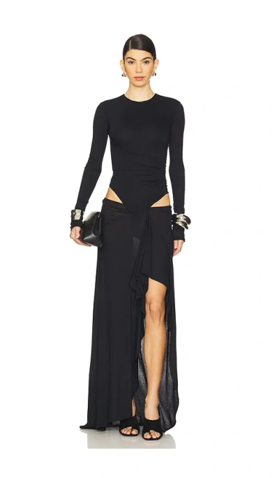 Attico Long Draped Jersey Dress With Pleats In Black