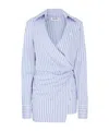 Attico Mini Striped Dress With V-neck, Long Sleeves, White And Navy Blue Cotton, Tied Waist In Blue