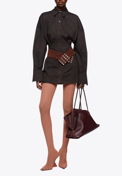 Attico Long-sleeved Mini Shirt Dress In Brown
