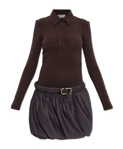 Attico Collared Combo Mini Dress Dark Brown