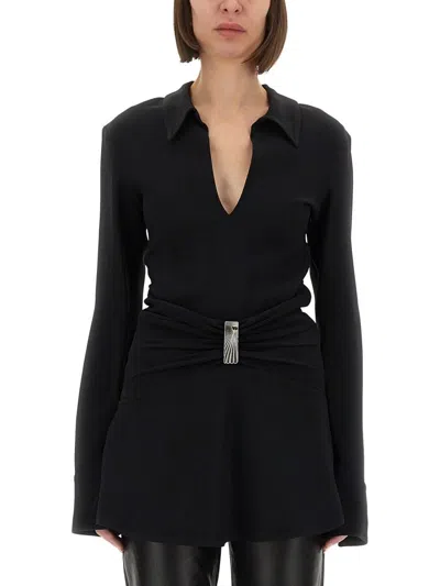 Attico Long-sleeved Mini Dress In Cady With Metal Buckle On The Front In Black