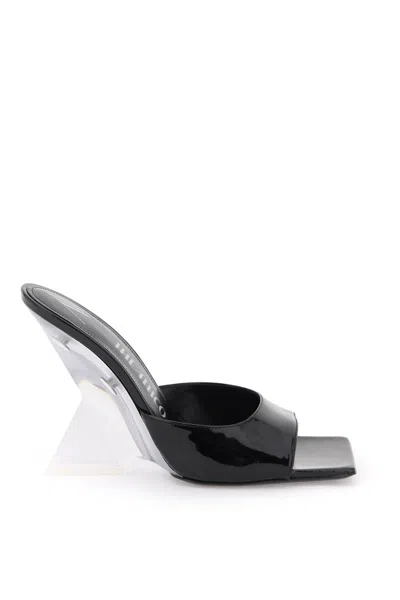 Attico Luxury Black Patent Leather Flat Sandals For Women With Transparent Pyramid Heel