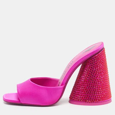 Pre-owned Attico Luz Crystal Embellished Size 37 Fuchsia Satin Mules In Pink