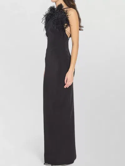 Attico Long Dress Cady Ostrich Feathers Detail In Brown