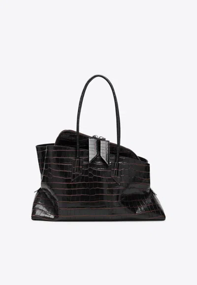 Attico Medium La Passeggiata Croc-embossed Leather Shoulder Bag In Brown