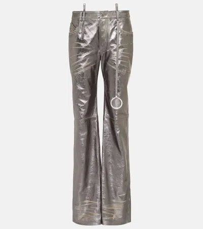 Attico Metallic Leather Straight Pants In Silver