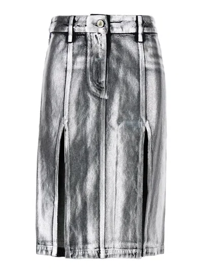 Attico Metallic Midi Skirt With Two Front Splits And Logo Detail On The Button