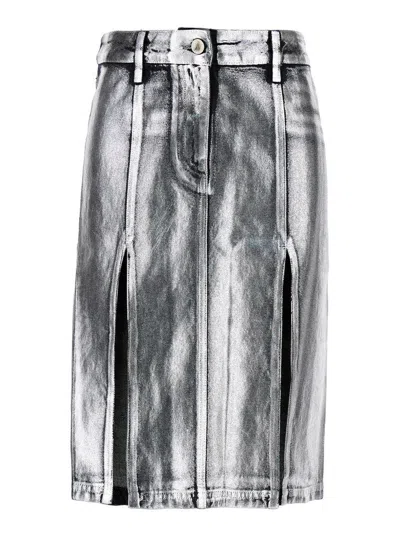 ATTICO METALLIC MIDI SKIRT WITH TWO FRONT SPLITS AND LOGO DETAIL ON THE BUTTON
