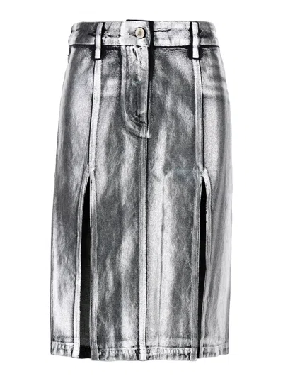 ATTICO METALLIC MIDI SKIRT WITH TWO FRONT SPLITS AND LOGO DETAIL ON THE BUTTON IN COTTON WOMAN