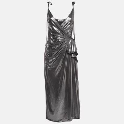 Pre-owned Attico Metallic Silver Lamé Fan Detail Long Dress Xs