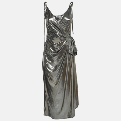 Pre-owned Attico Metallic Silver Lamé Shoulder Strap Midi Wrap Dress M