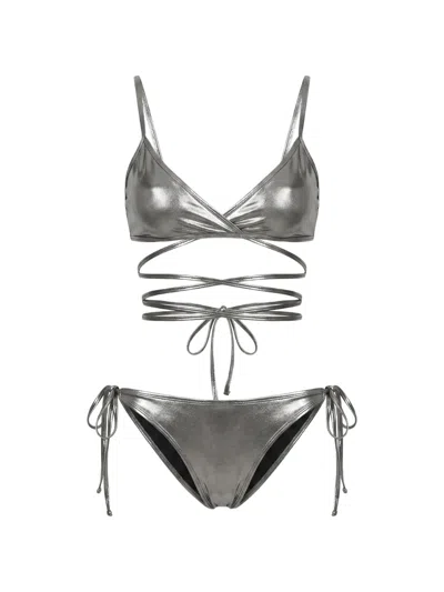 Attico Metallic-effect Wrap Bikini In Silver