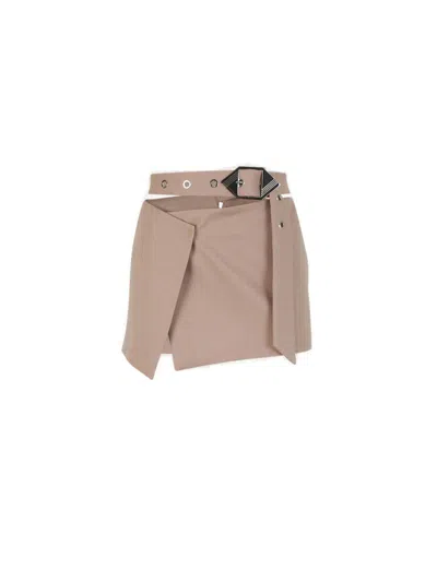 Attico Mid-rise Asymmetric Belted Mini Skirt In Beige